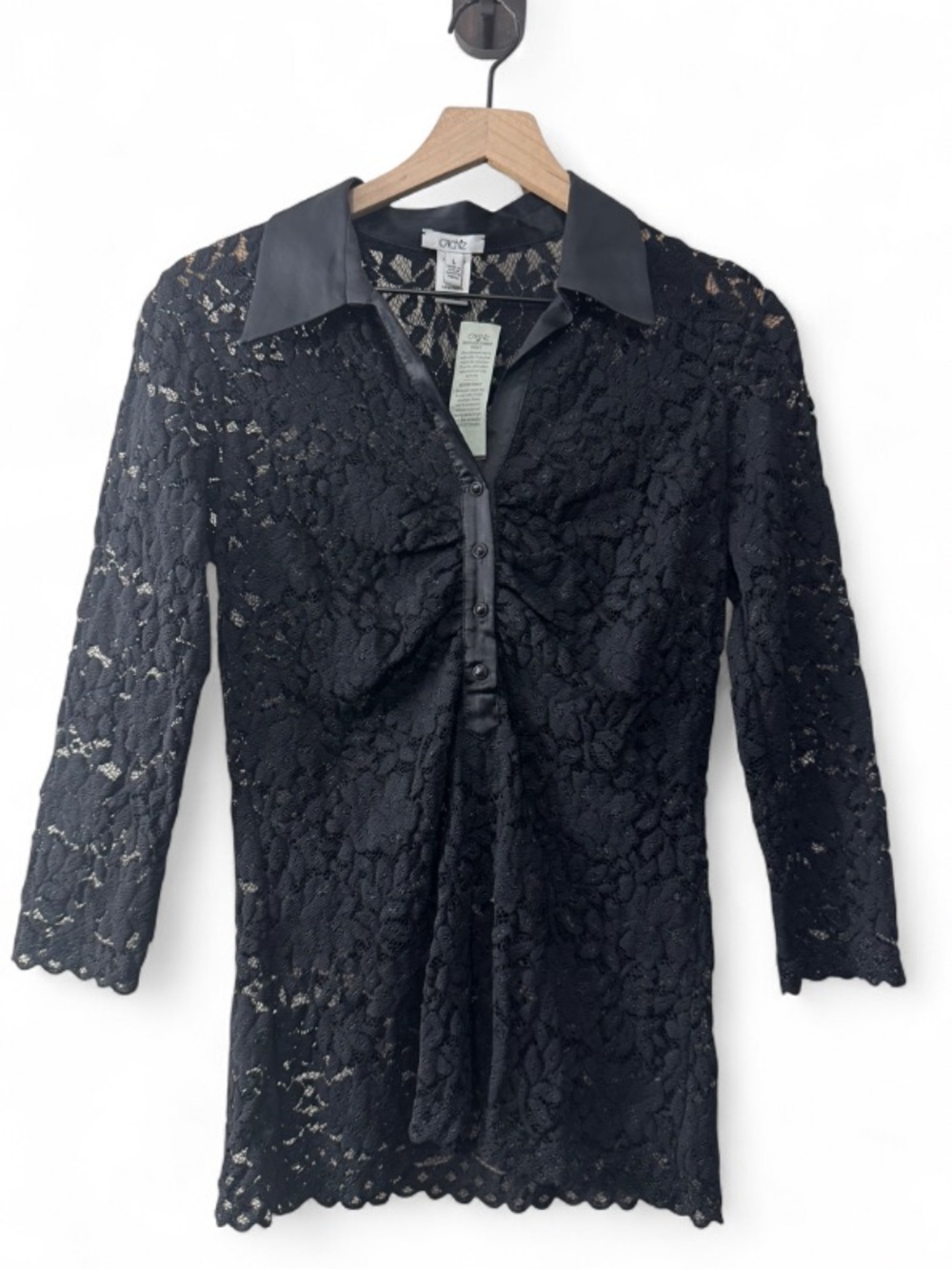 Vintage Cache Black Lace Satin Collared Top Romantic Goth Dark Feminine Glam